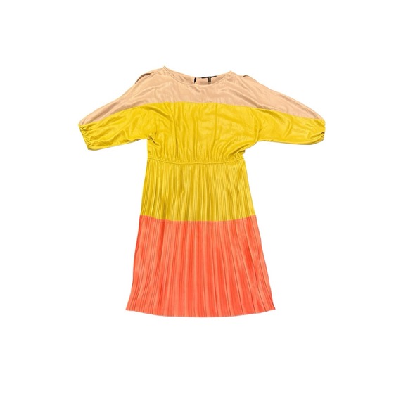 BCBGMaxAzria Dresses & Skirts - Women's M BCBG Maxazria Pleated Skirt Color Block Dress Slit Sleeves Preowned